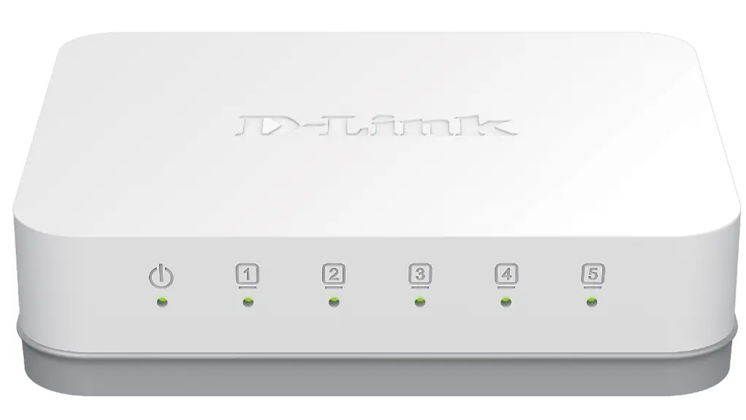 Switch D-Link GO-SW-5G zachytený na neutrálnom bielom pozadí zobrazujúci kompaktný sieťový prepínač s piatimi portami a LED indikátormi
