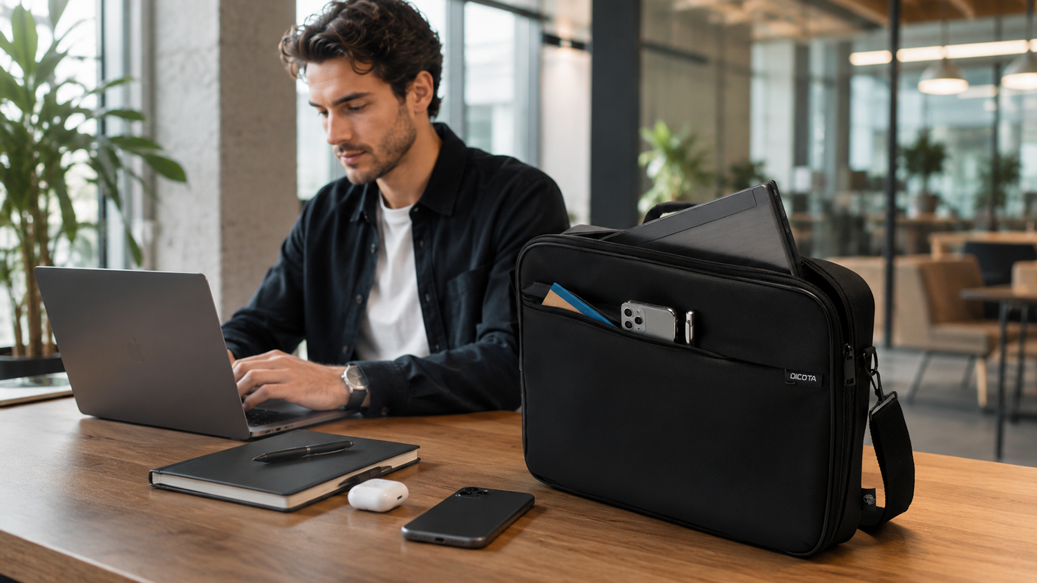 Muž v pr&aacute;ci s ta&scaron;kou na notebook Dicota Multi ONE na stole