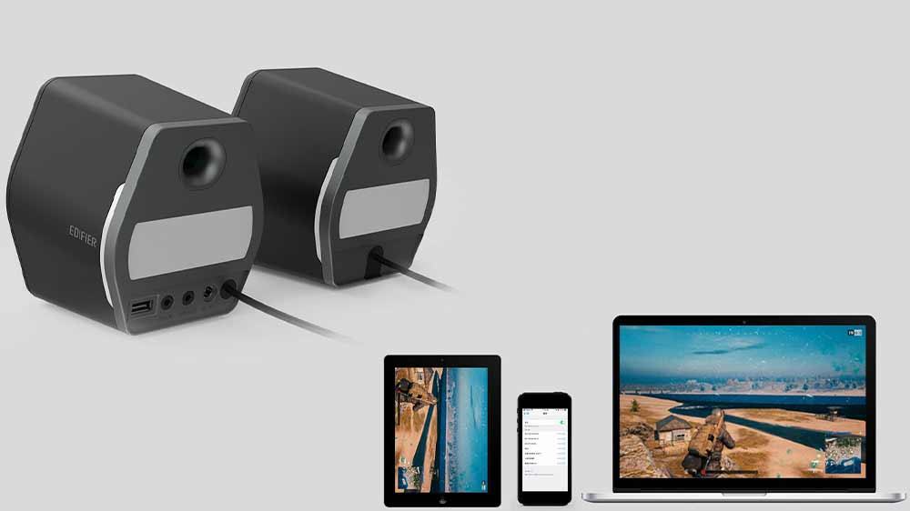 Zadní strana reproduktorů Edifier G200 s ukázkou slotů k připojení a pod ním tablet, mobilní telefon a PC_04