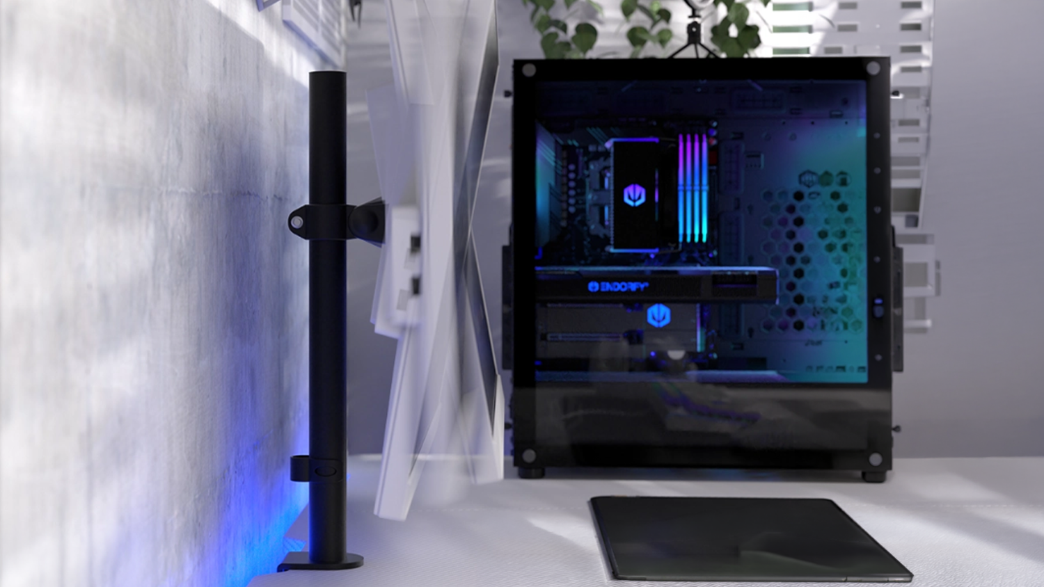Držák monitoru Endorfy Atlas Single černý připevněný na herním stole