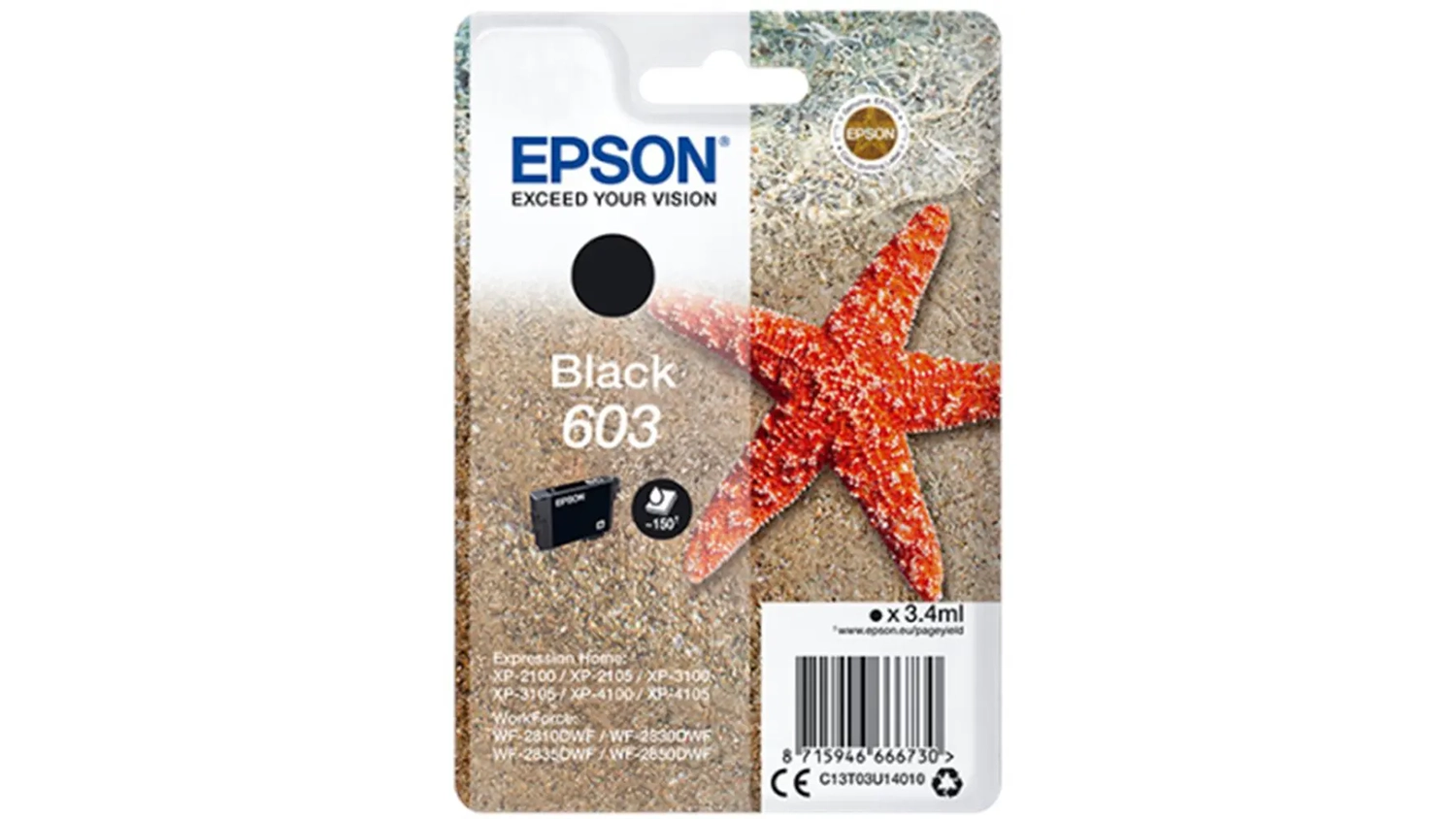 Inkoustová kazeta Epson 603 černá C13T03U14010 na bílém pozadí zobrazující celkový design produktu