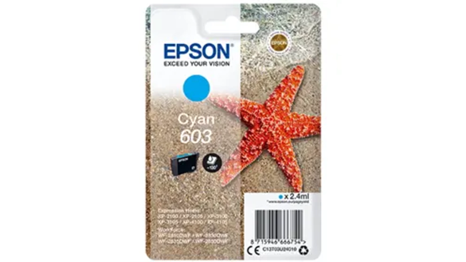 Inkoustová kazeta Epson 603 modrá C13T03U24010 na bílém pozadí zobrazující celkový design produktu