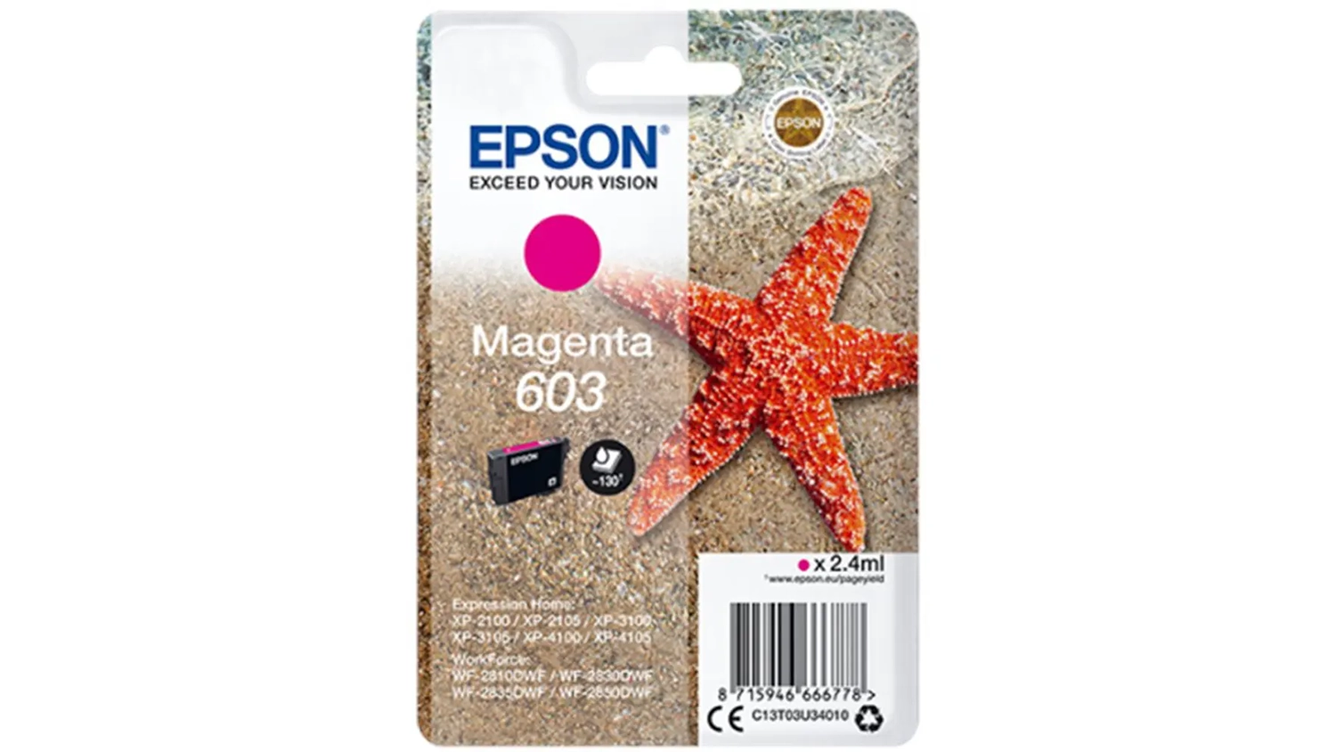 Inkoustov&aacute; kazeta Epson 603 červen&aacute; C13T03U34010 na b&iacute;l&eacute;m pozad&iacute; zobrazuj&iacute;c&iacute; celkov&yacute; design produktu