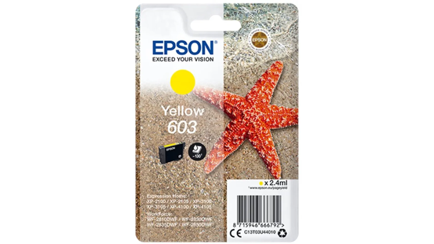 Inkoustov&aacute; kazeta Epson 603 žlut&aacute; C13T03U44010 na b&iacute;l&eacute;m pozad&iacute; zobrazuj&iacute;c&iacute; celkov&yacute; design produktu