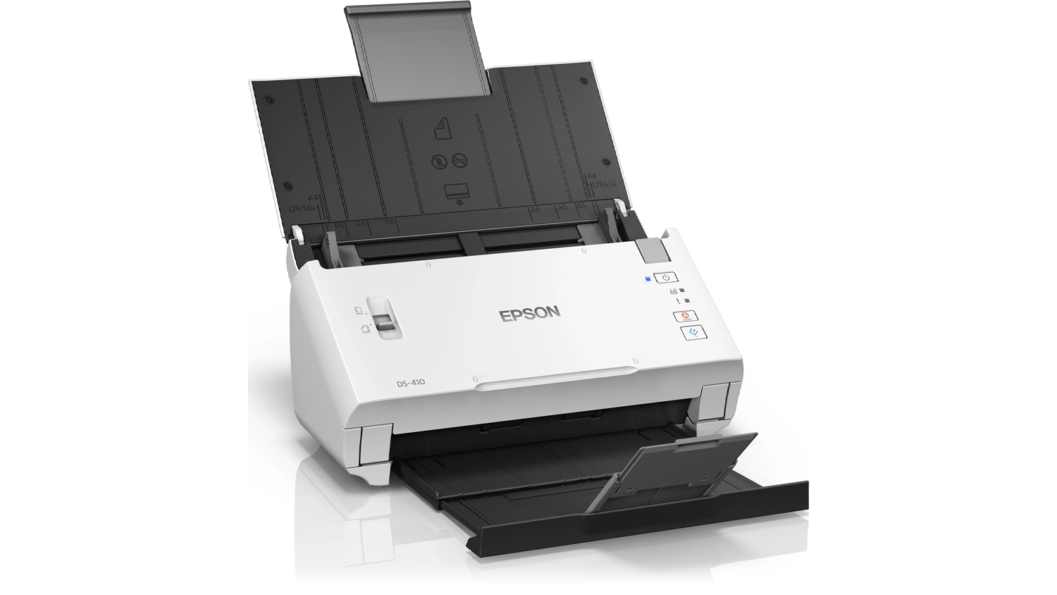 Epson WorkForce DS-410 skener na b&iacute;l&eacute;m pozad&iacute; rozložen&yacute; předv&aacute;děj&iacute;c&iacute; kompletn&iacute; design