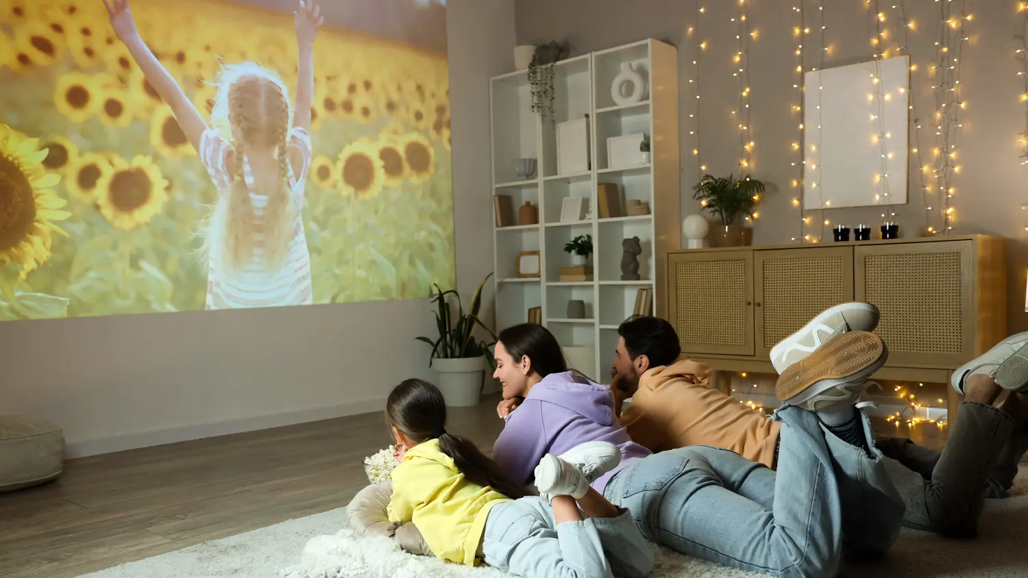 Rodina sledujúca film na stene