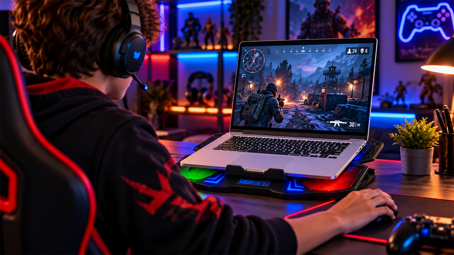 Chlapec hrá na notebooku vo svojej hernej izbičke a používa chladiacu podložku EVOLVEO Ania 5RGB
