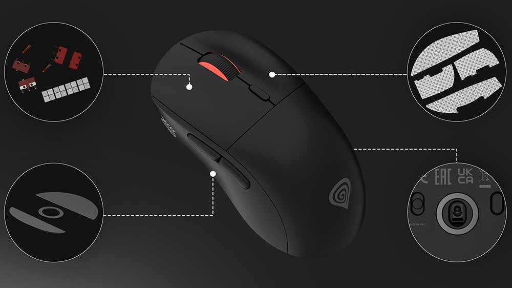 Herní myš Genesis ZIRCON XIII a ukázka protiskluzových gripů, vyměnitelných součástek a další detaily myši_05