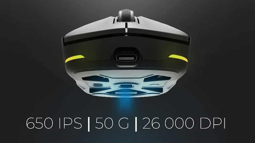 Pohled na herní myš GENESIS Zircon 660 Pro zpředu a znázornění světla optického senzoru_03