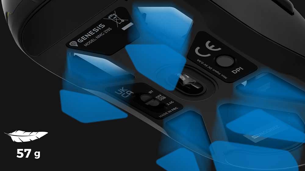 Spodní část herní myši GENESIS Zircon 660 Pro a znázornění výřezů, které přispívají k nízké hmotnosti_05