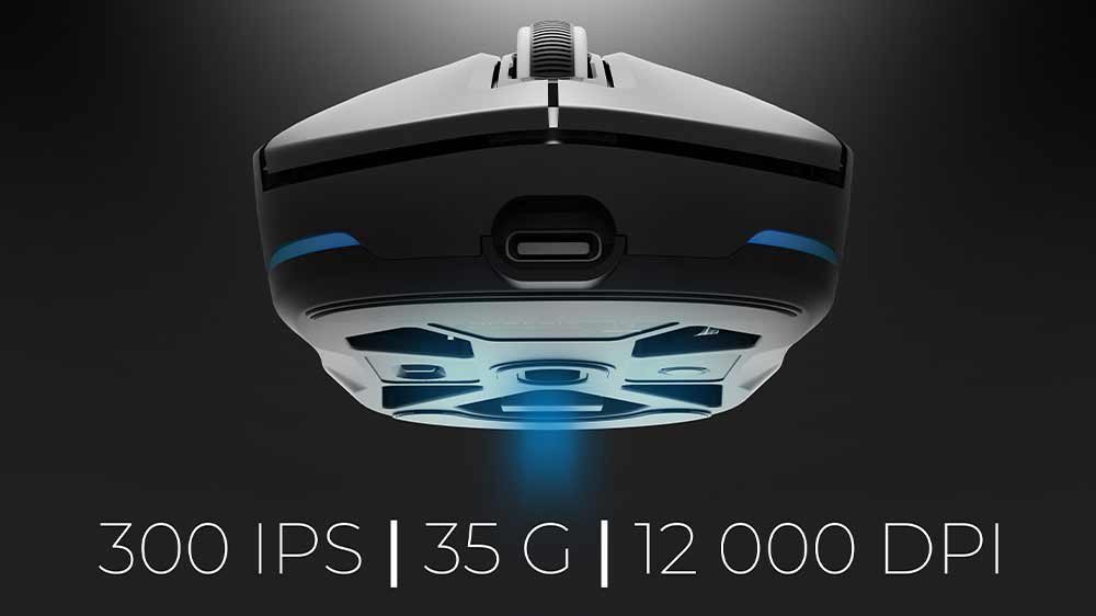 Pohled na herní myš Genesis Zircon 660 zpředu a znázornění světla optického senzoru_03