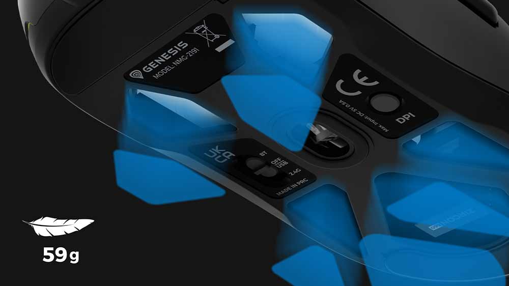 Spodní část herní myši Genesis Zircon 660 a znázornění výřezů, které přispívají k nízké hmotnosti_05