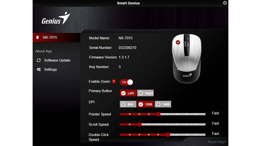 Myš Genius NX-7015 při nastavování funkcí tlačítek a DPI pomocí aplikace SmartGenius