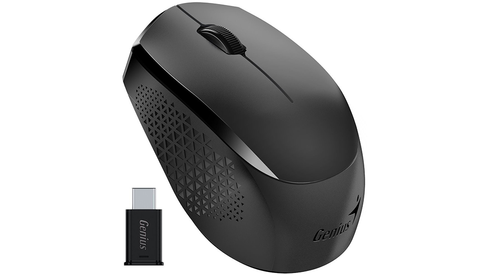 Myš Genius NX-8000S Type-C černá na bílém pozadí zobrazující symetrický tvar a kompaktní design