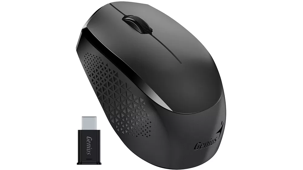 Myš Genius NX-8000S Type-C čierna na bielom pozadí zobrazujúca symetrický tvar a kompaktný dizajn