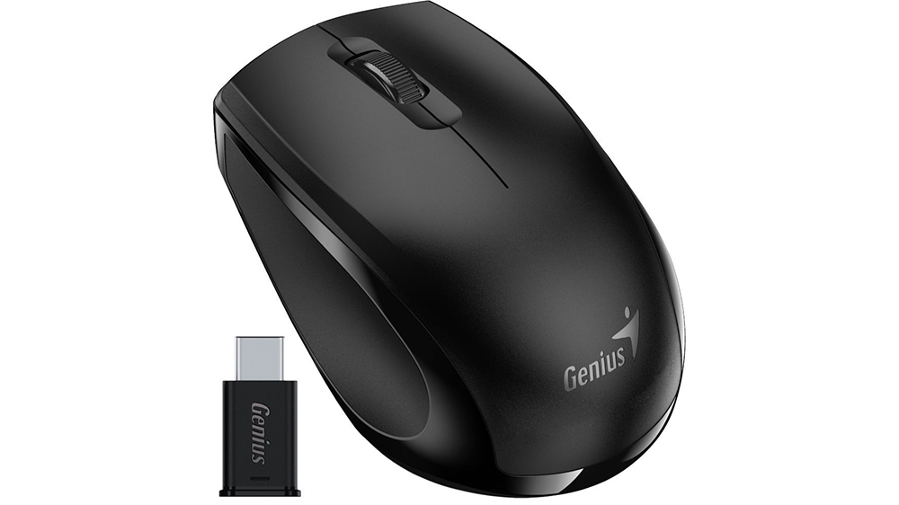 My&scaron; Genius NX-8006S Type-C čierna na bielom pozad&iacute; zobrazuj&uacute;ca elegantn&yacute; čierny dizajn s ergonomick&yacute;m tvarom
