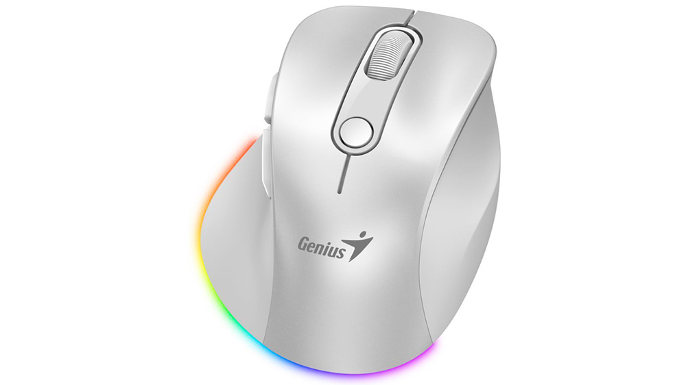 Myš Genius Ergo 9000S Pro Pearl White v bílém provedení zobrazující ergonomický tvar a kompaktní design