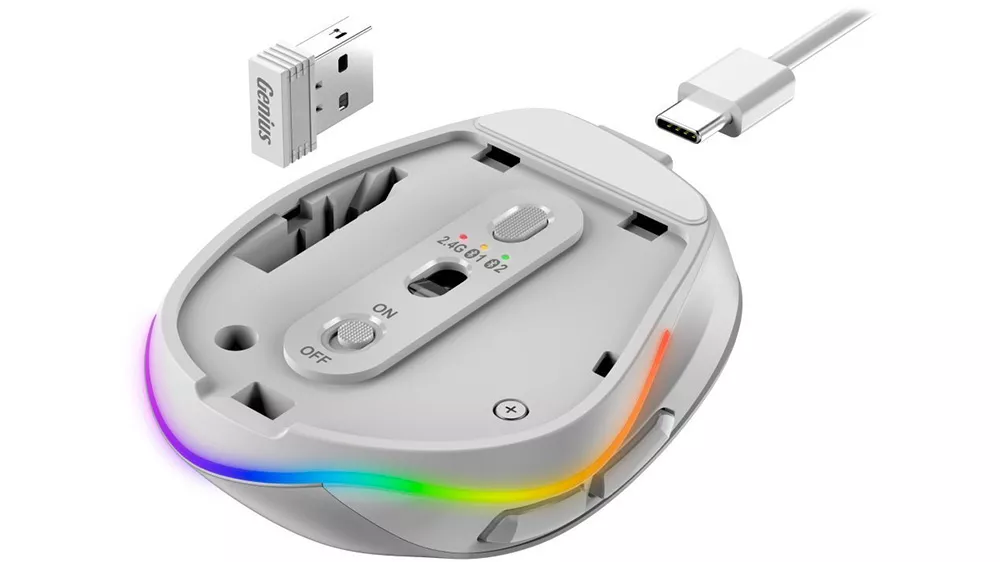 Myš Genius Ergo 9000S Pro Pearl White demonštrujúca farebné RGB podsvietenie a funkčné tlačidlá vrátane prepínača DPI