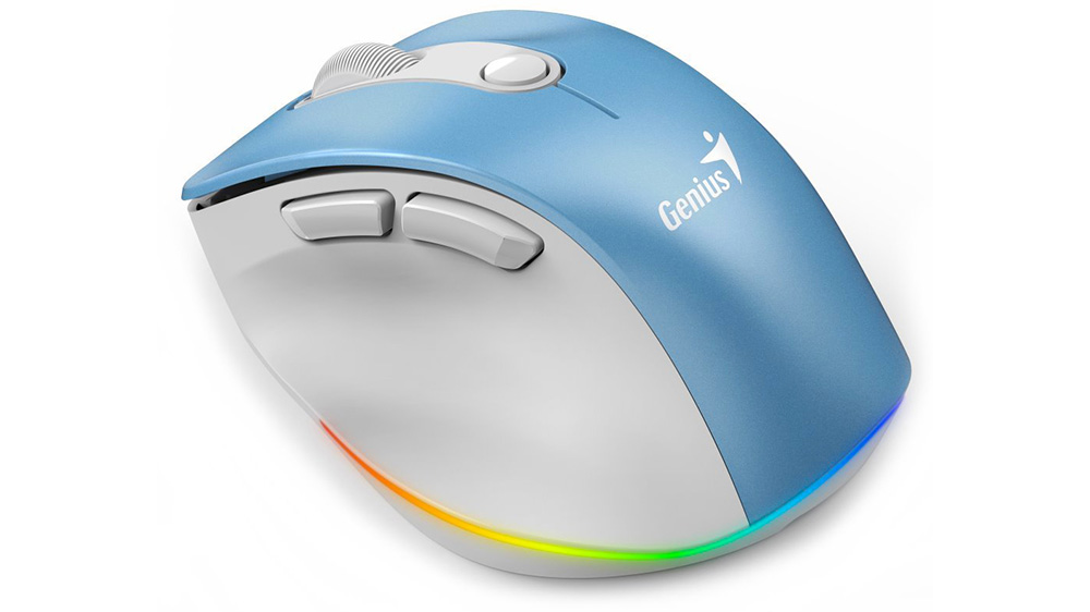 My&scaron; Genius Ergo 9000S Pro Light Blue v modr&eacute; barvě na b&iacute;l&eacute;m pozad&iacute; zobrazuj&iacute;c&iacute; ergonomick&yacute; tvar a kompaktn&iacute; design