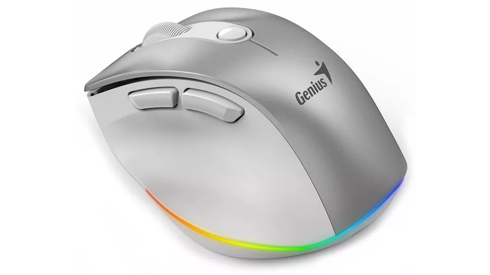 Myš Genius Ergo 9000S Pro na bielom pozadí zobrazujúca ergonomický dizajn a programovateľné tlačidlá
