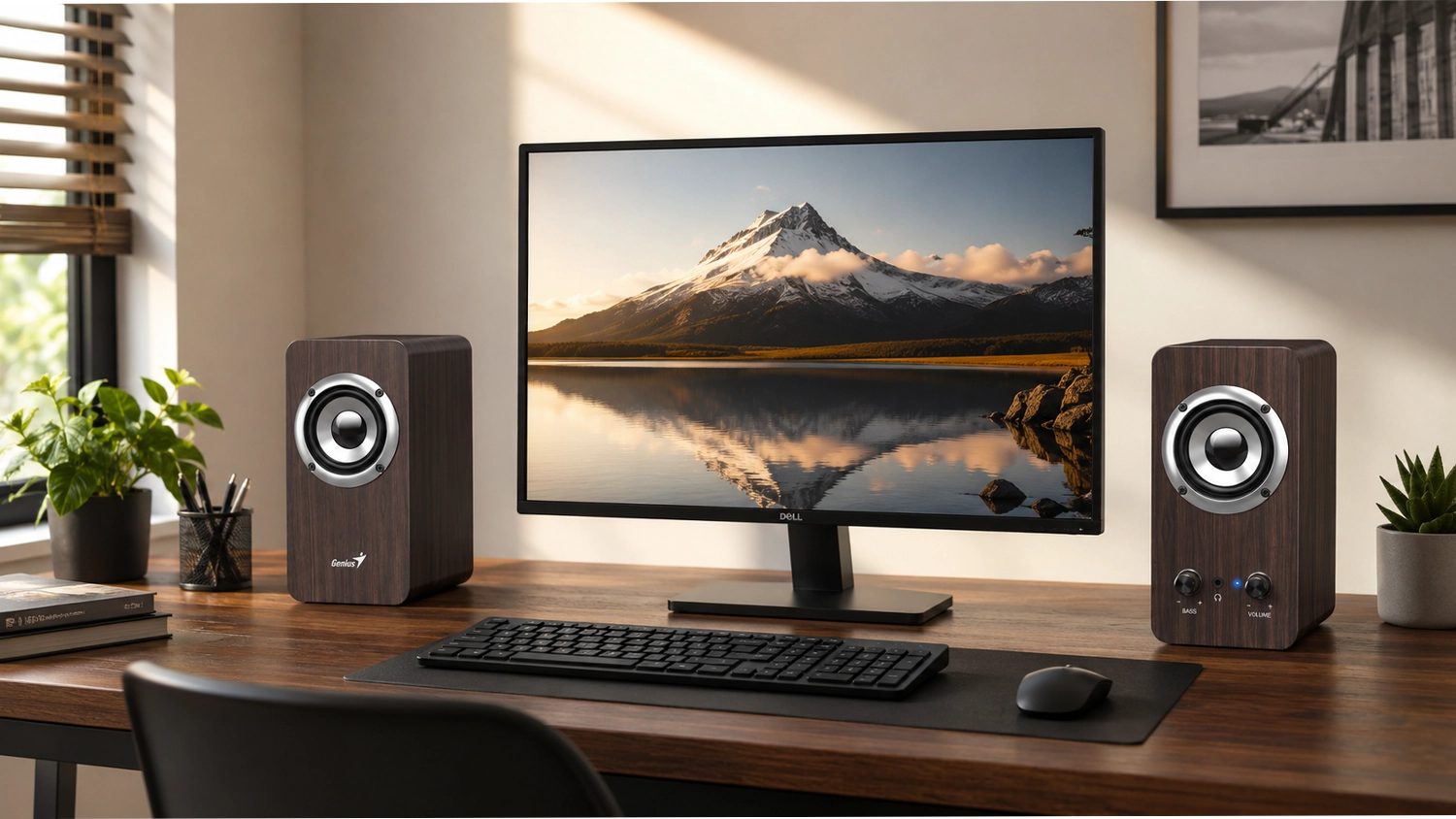 PC reproduktory Genius SP-HF400 tmav&eacute; dřevo na stole vedle monitoru