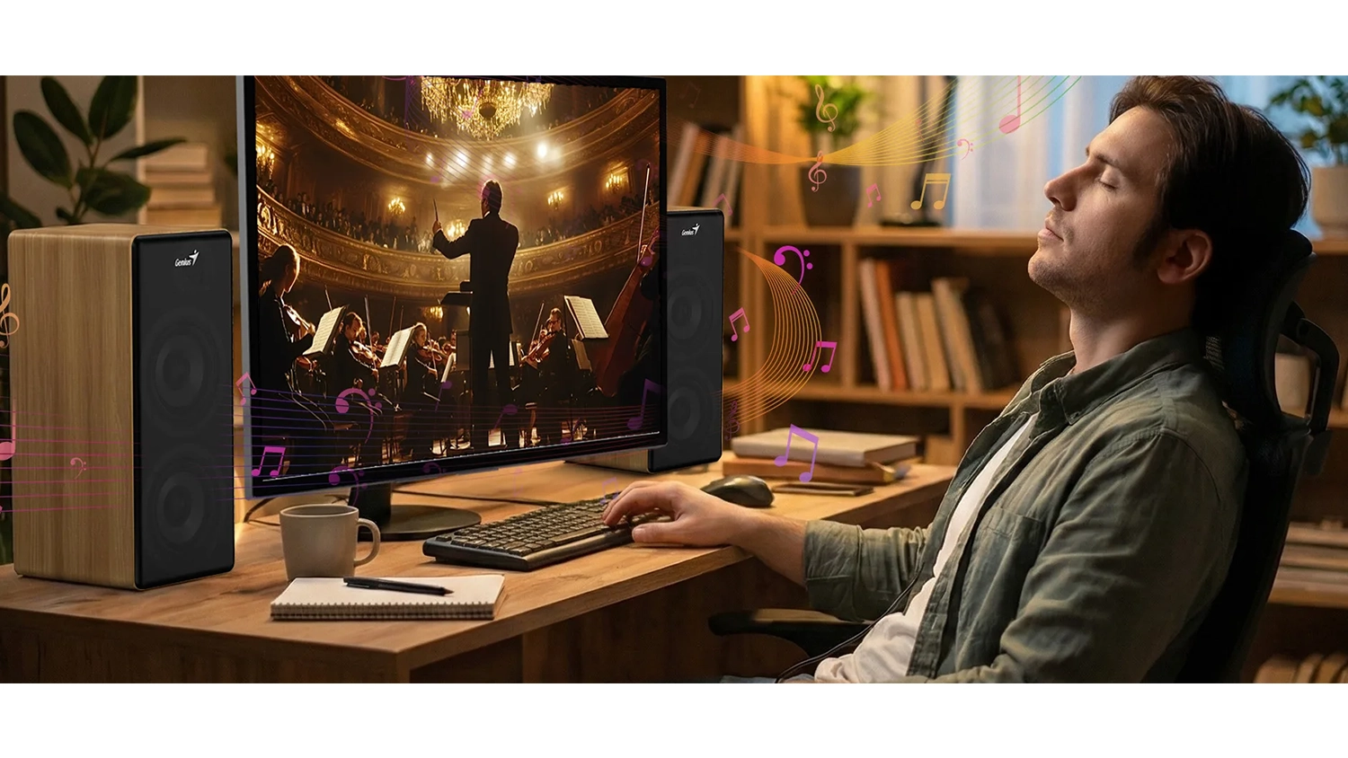 Muž sedí u stolu s PC a poslouchá hudbu přes reproduktory Genius SP-HF1220BT