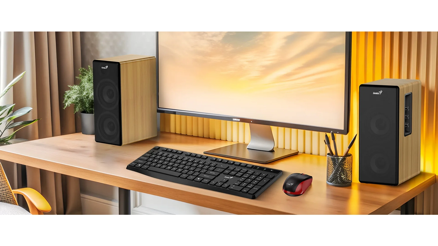 Stůl s PC sestavou a reproduktory Genius SP-HF1220BT