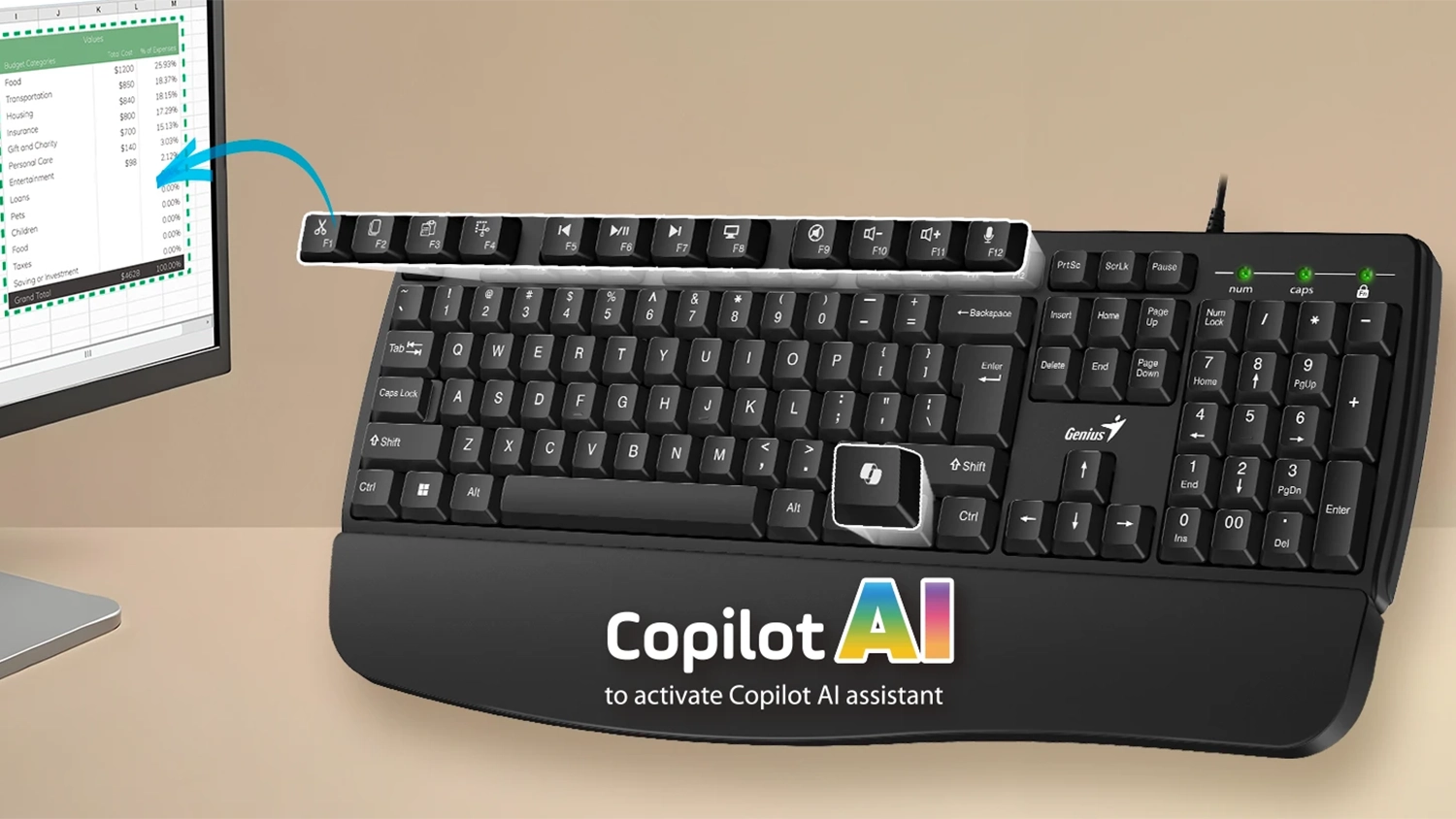 Ukázka Copliot funkce klávesnice Genius KB-123