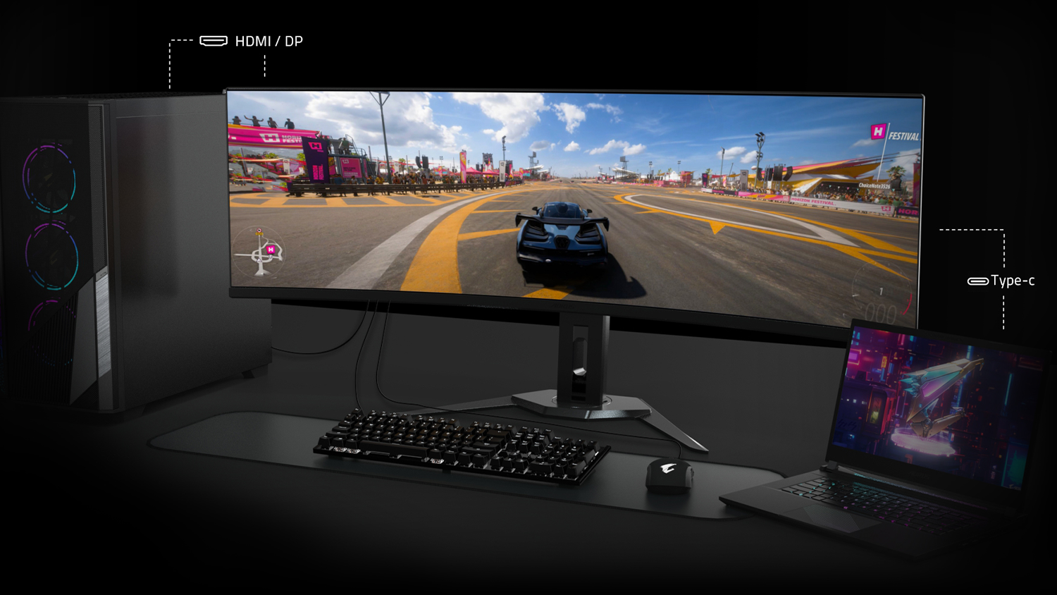 Gaming monitor AORUS Gigabyte CO49DQ, jednoduché prepínanie medzi zariadeniami