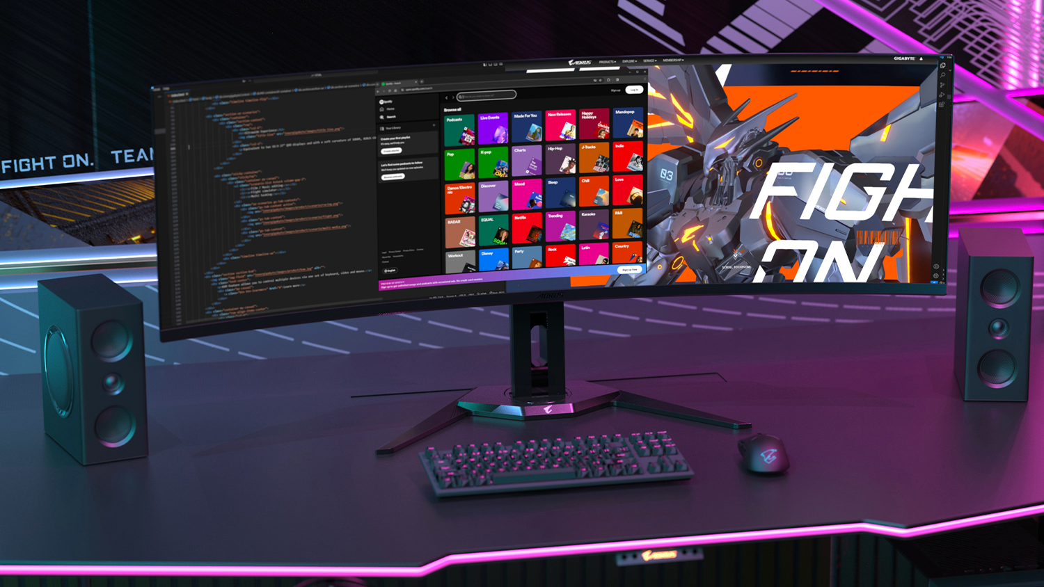 Gaming monitor AORUS Gigabyte CO49DQ na stole s reproduktormi a klávesnicou