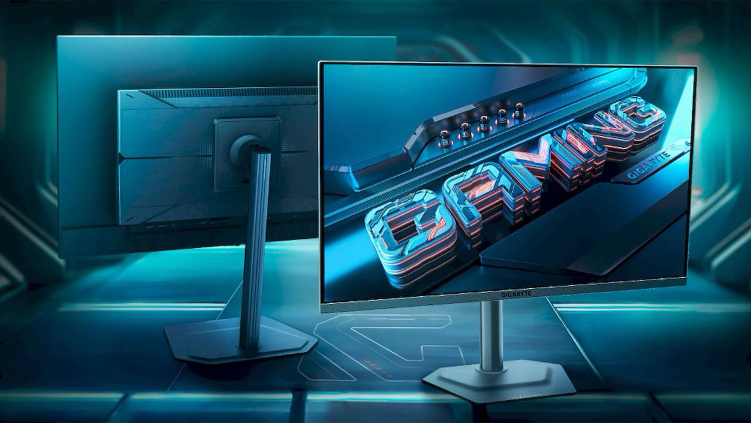Monitory GIGABYTE na modrom hernom pozad&iacute;