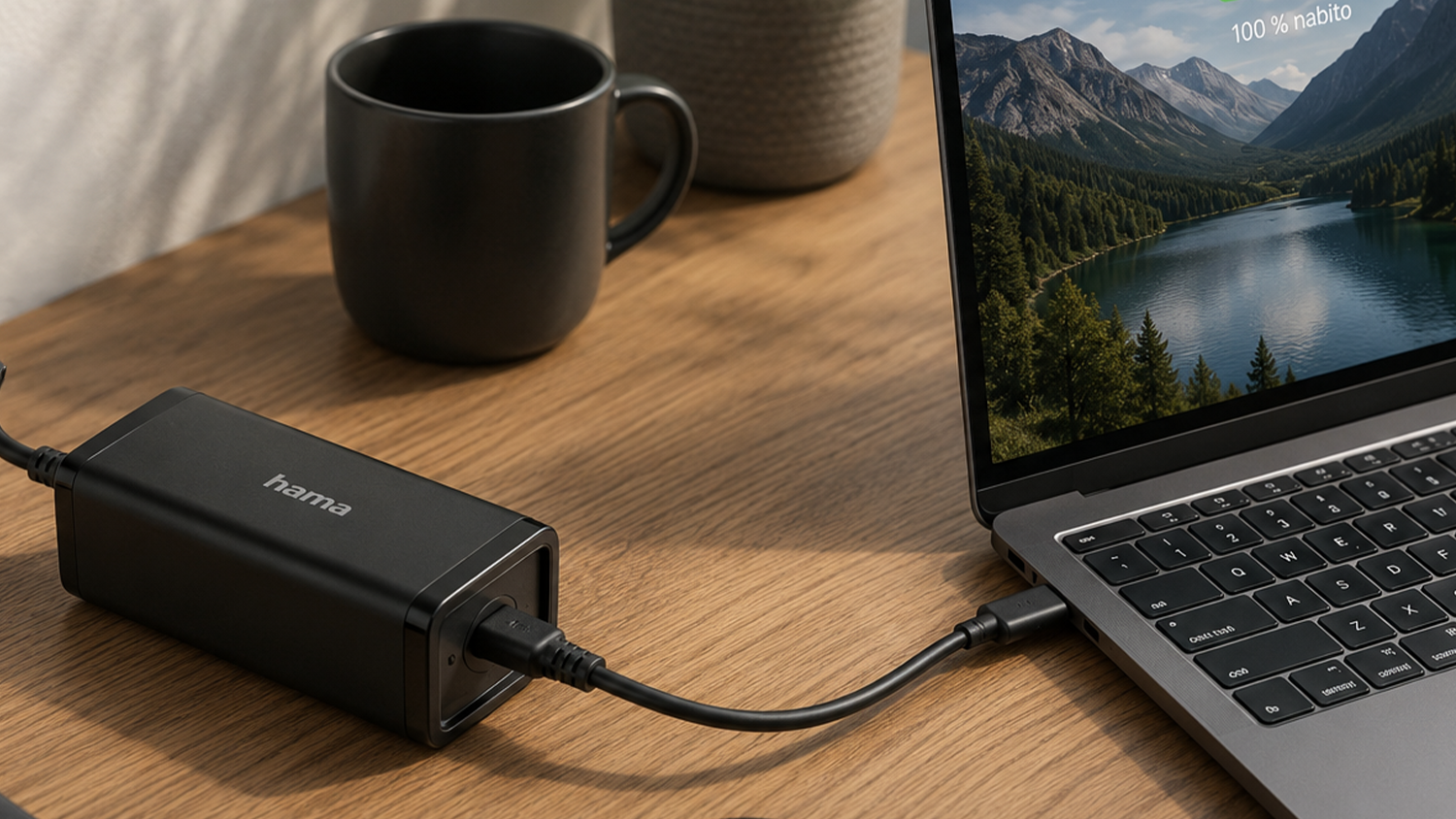 Nap&aacute;jac&iacute; adapt&eacute;r Hama USB-C Power Delivery GaN 100W na pracovnom stole pripojen&yacute; k notebooku