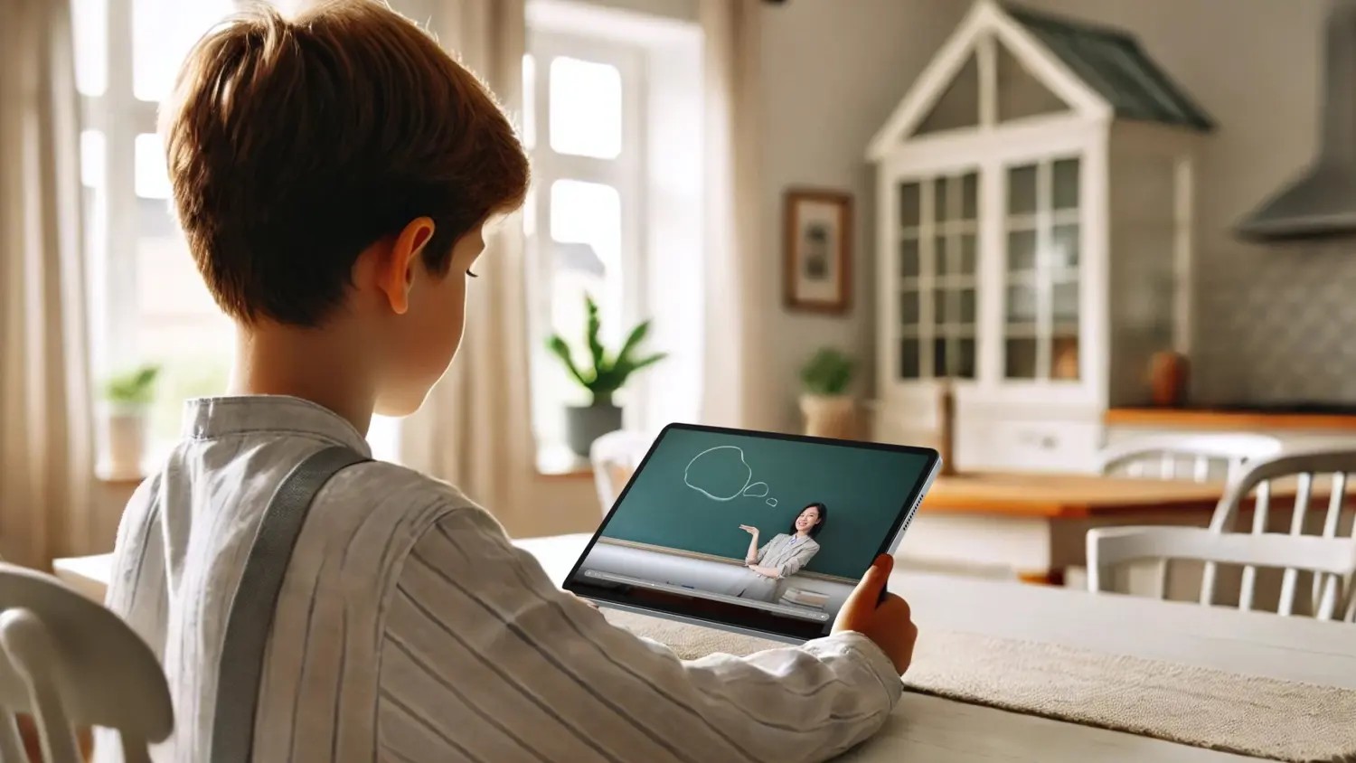 Chlapec sedící v kuchyní drží tablet HONOR Pad X9a a sleduje učitelku během online výuky