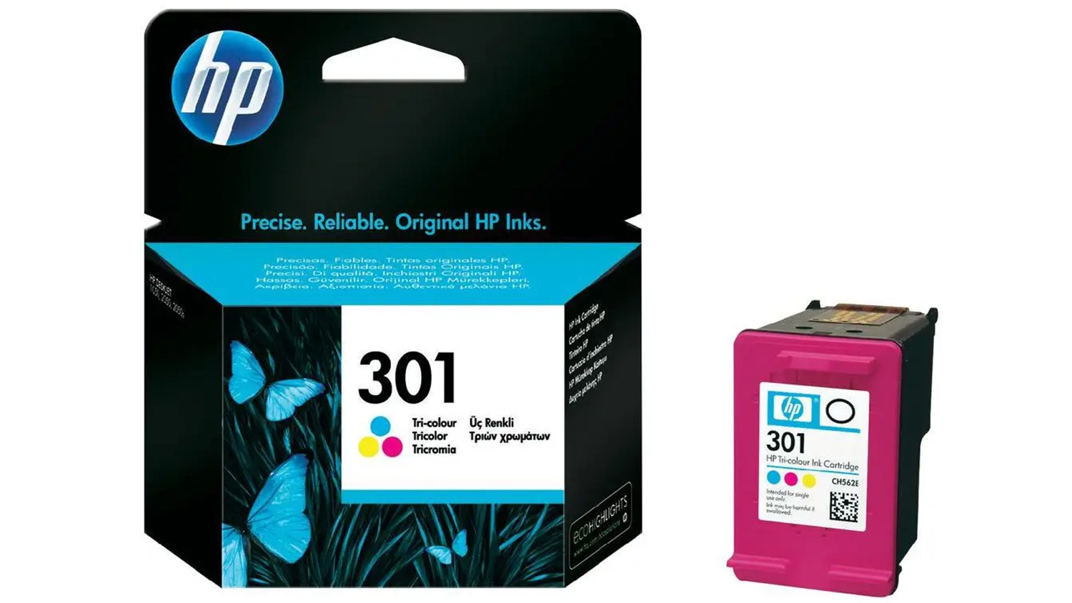Originální inkoustová náplň HP 301 Tri-color CH562EE na bílém pozadí