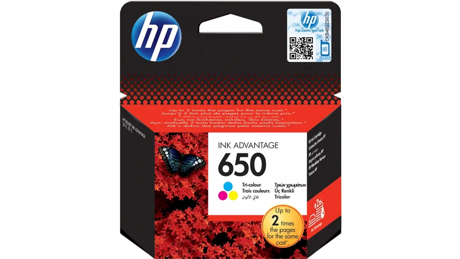 Originálna atramentová náplň HP Advantage 650 trojfarebná na bielom pozadí zobrazujúca celkový dizajn produktu