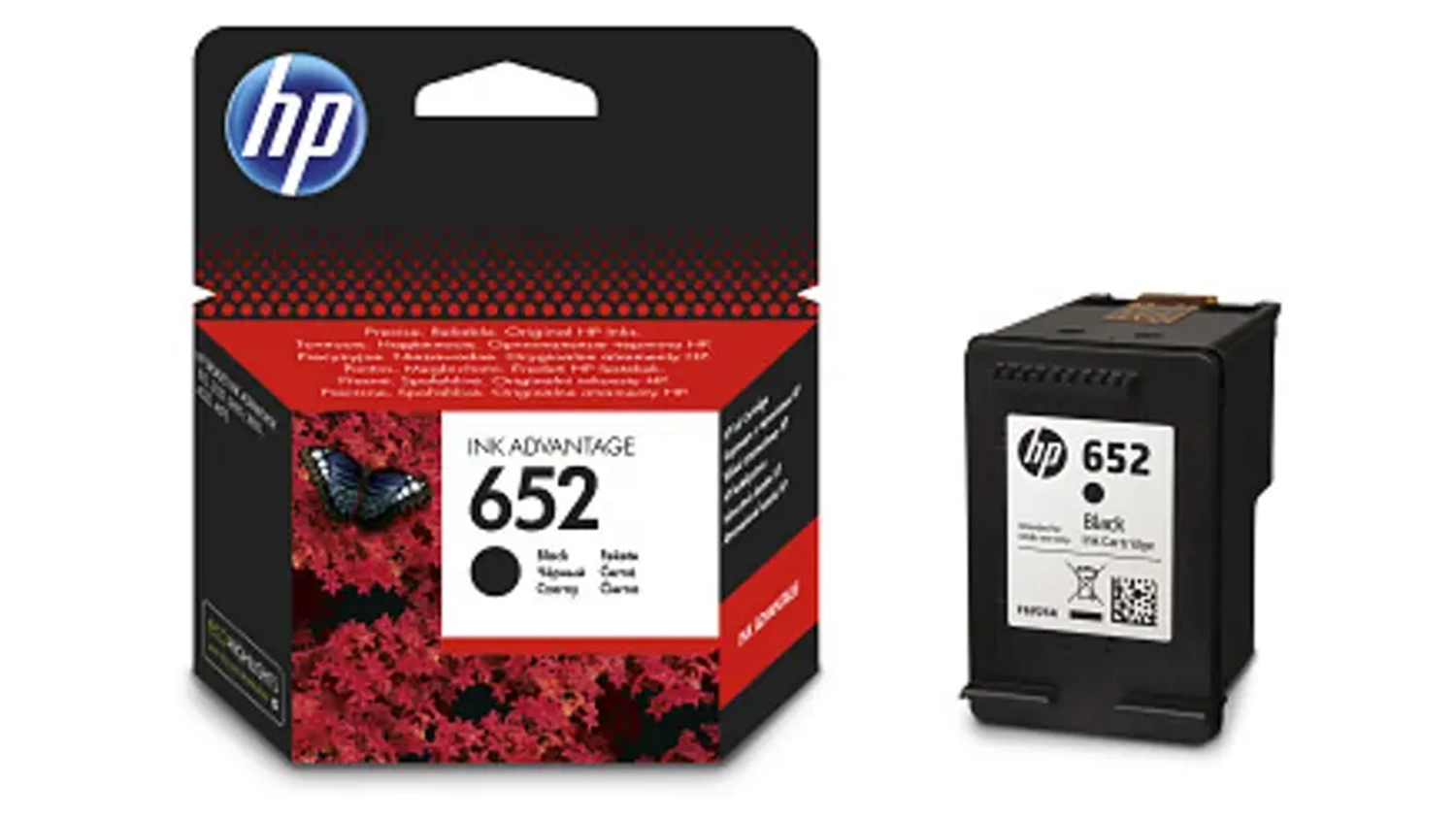 Originálna atramentová náplň HP Ink Advantage 652 Black na bielom pozadí zobrazujúca celkový dizajn produktu