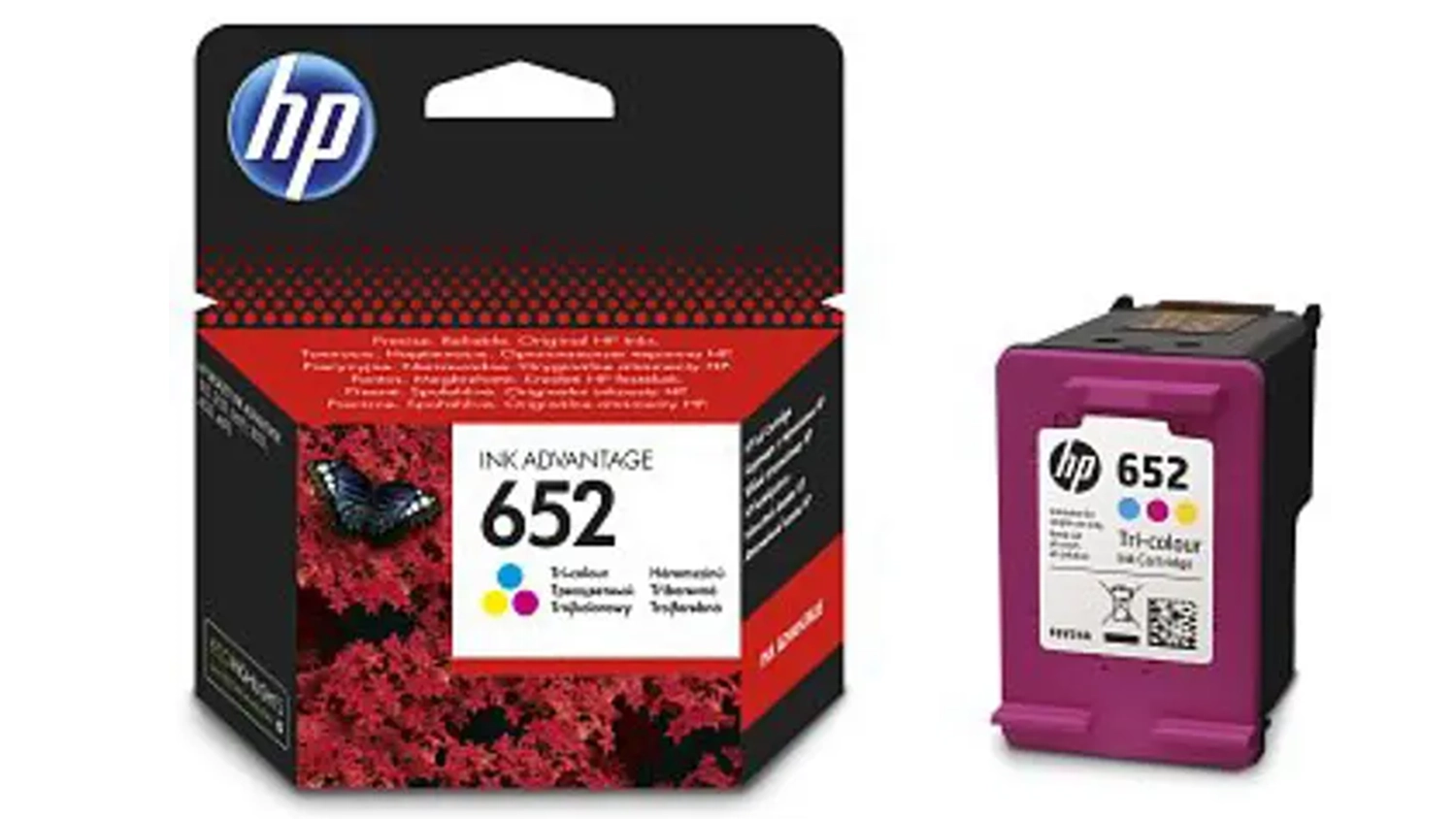 Origin&aacute;ln&iacute; inkoustov&aacute; n&aacute;plň HP Ink Advantage 652 Color (F6V24AE) na b&iacute;l&eacute;m pozad&iacute; zobrazuj&iacute;c&iacute; celkov&yacute; design produktu