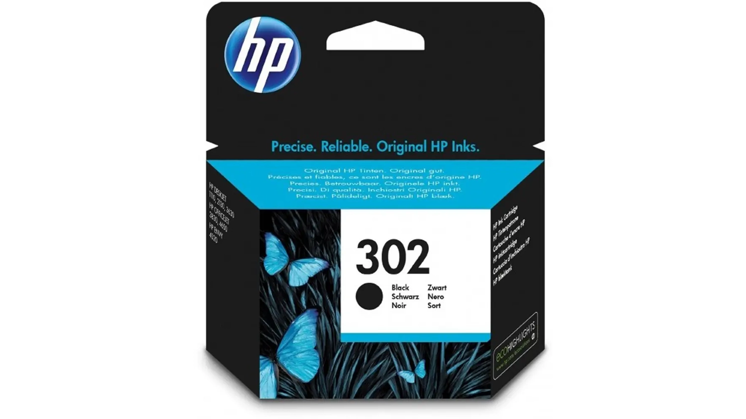 Originální inkoustová náplň HP 302 F6U66AE černá na bílém pozadí