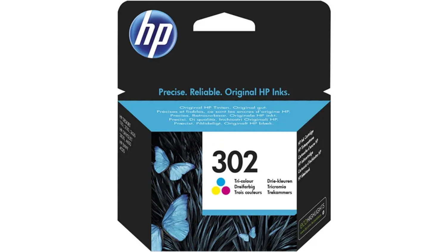 Origin&aacute;ln&iacute; inkoustov&aacute; n&aacute;plň HP 302 F6U65AE barevn&aacute; na b&iacute;l&eacute;m pozad&iacute;