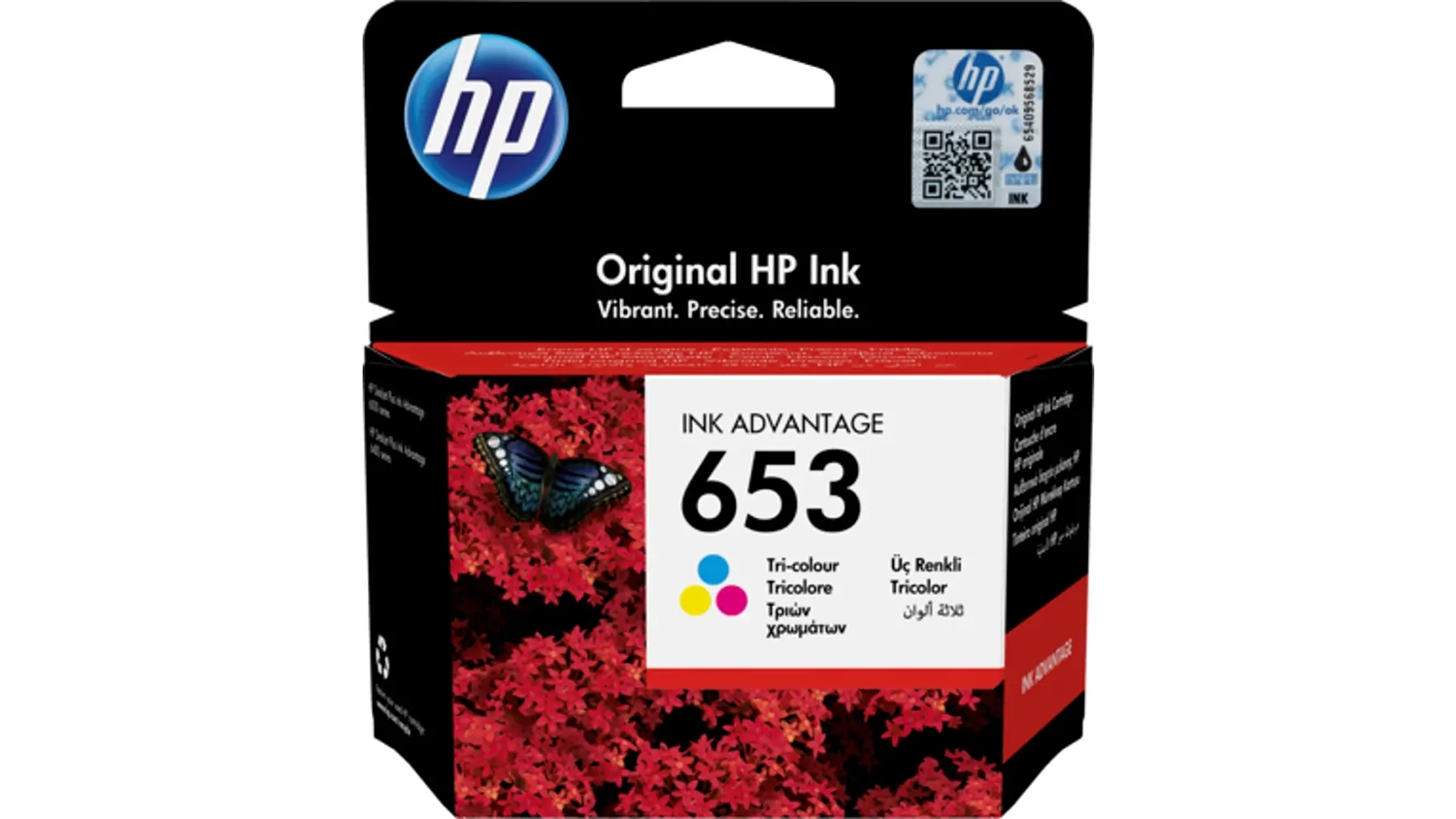 Originální inkoustová náplň HP 653 3YM74AE na bílém pozadí