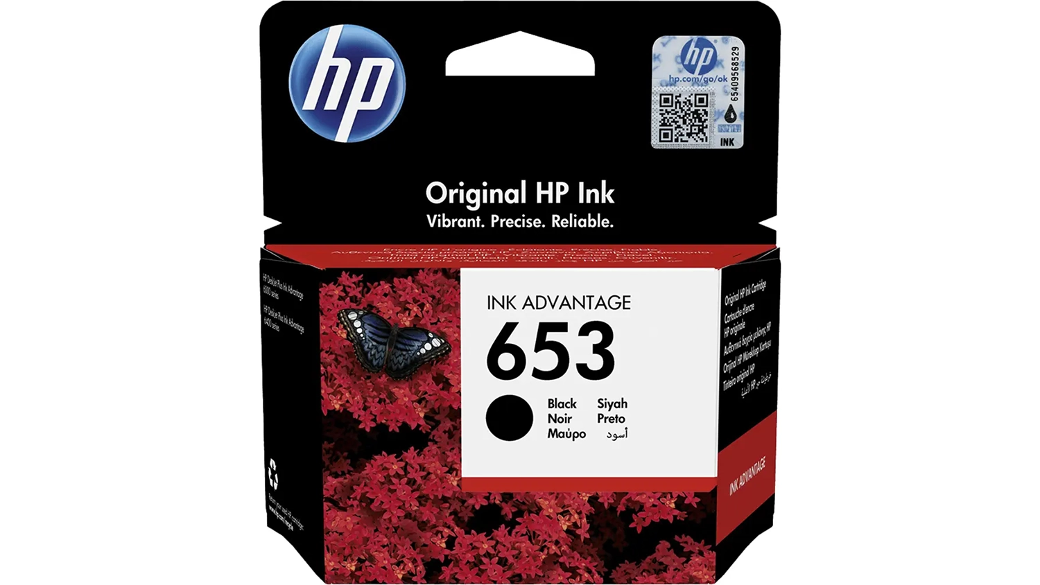 Originální inkoustová náplň HP Ink Advantage 653 černá v originálním balení zobrazující design produktu