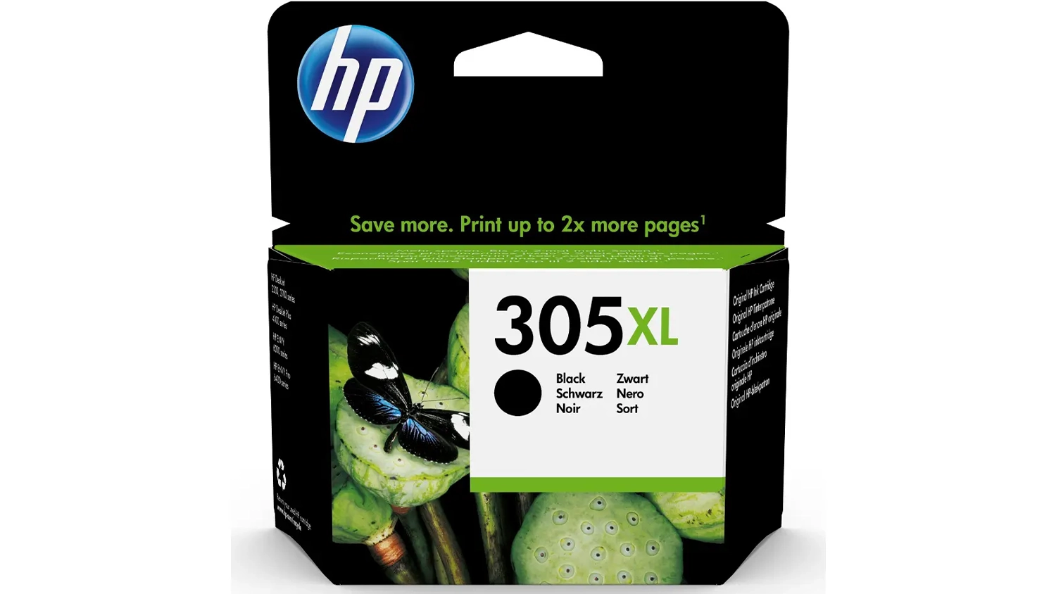 Origin&aacute;lna atramentov&aacute; n&aacute;plň HP 305XL čierna na bielom pozad&iacute; zobrazuj&uacute;ca celkov&yacute; dizajn produktu