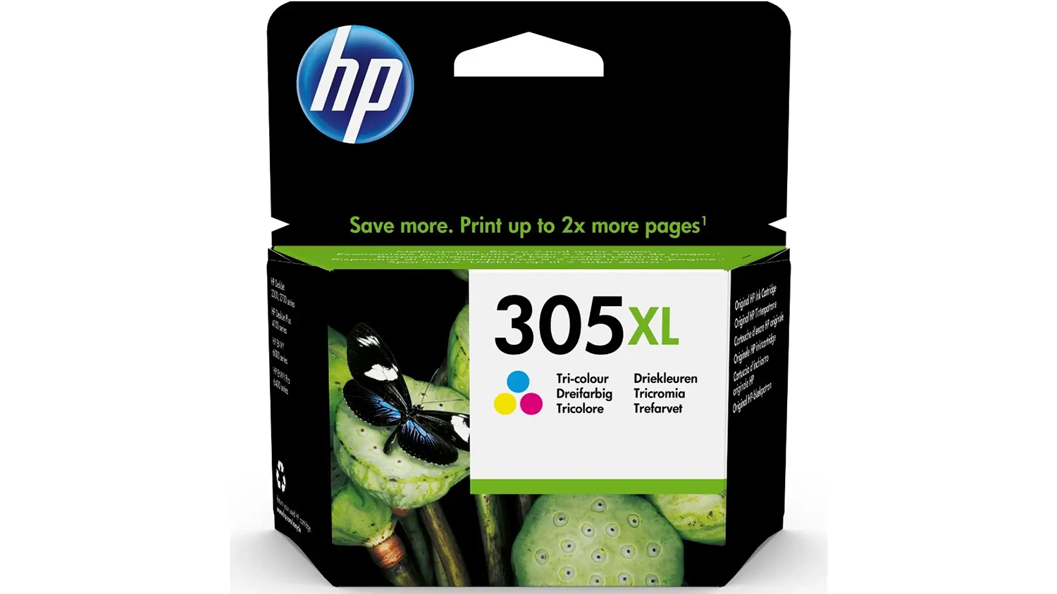Originálna atramentová náplň HP 305XL 3YM63AE tri-color na bielom pozadí zobrazujúca celkový dizajn produktu