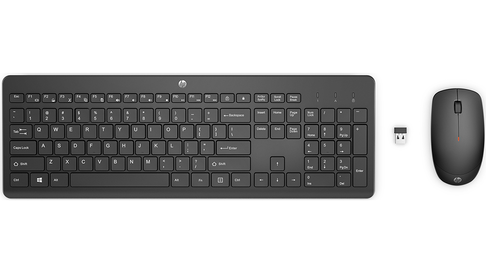 Klávesnice HP 230 Wireless na bílém pozadí zobrazující plnohodnotnou bezdrátovou klávesnici s nízkoprofilovými klávesami