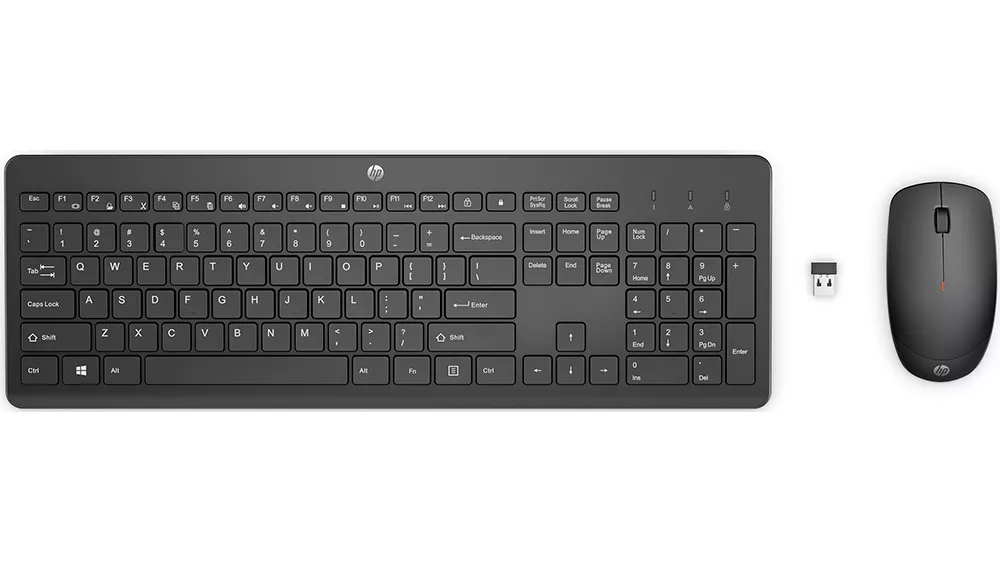 Klávesnica HP 230 Wireless na bielom pozadí zobrazujúca plnohodnotnú bezdrôtovú klávesnicu s nízkoprofilovými klávesmi