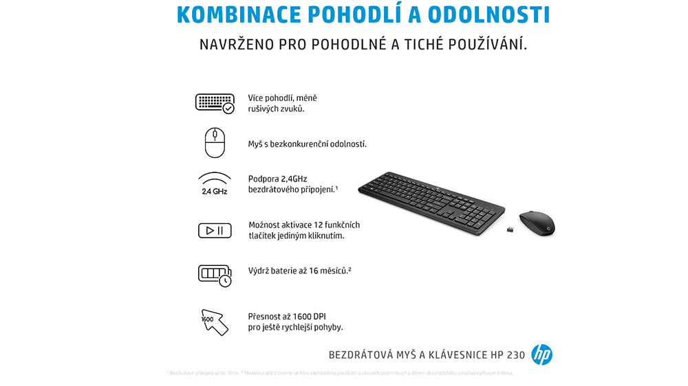 Klávesnice HP 230 Wireless ukazující ergonomický design a nastavitelný úhel sklonu pro pohodlné psaní
