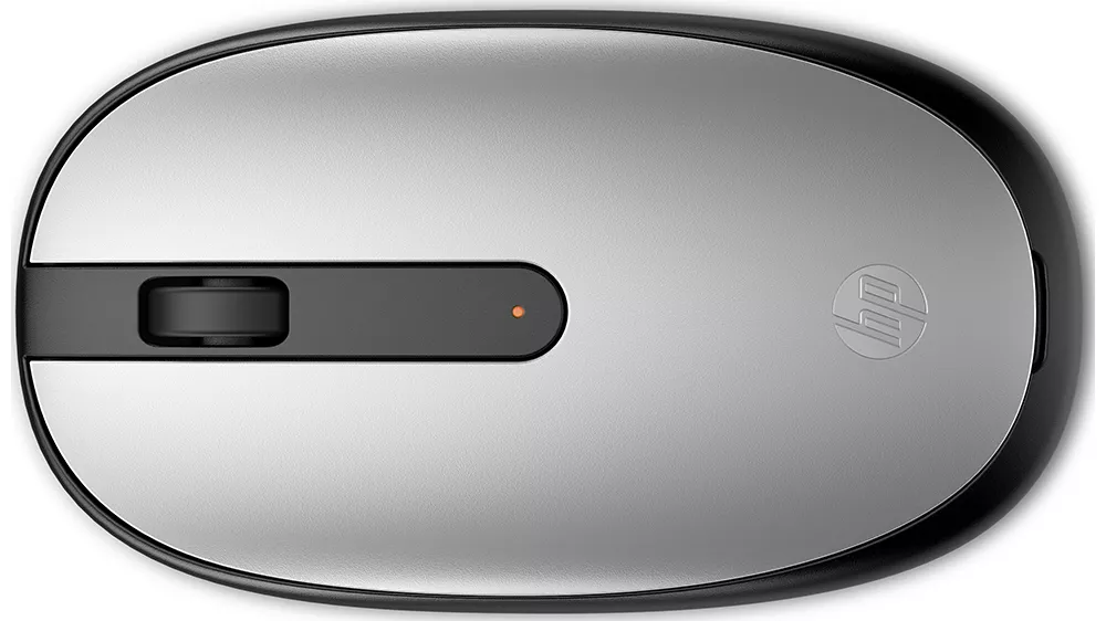 Bluetooth myš HP 240 Pike Silver ukazujúca rozmiestnenie tlačidiel a ergonomické koliesko pre jednoduché ovládanie