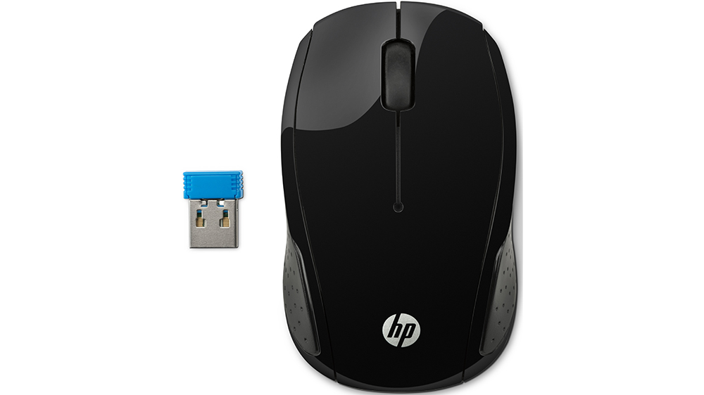 Bezdrátová myš HP 200 na bílém pozadí zobrazující kompaktní ergonomický design s optickým senzorem