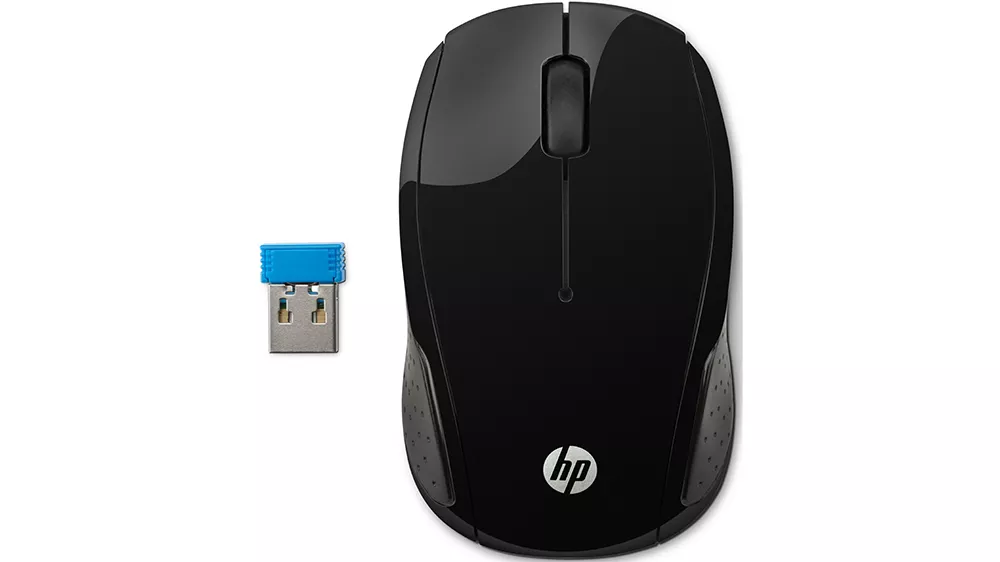 Bezdrôtová myš HP 200 na bielom pozadí zobrazujúca kompaktný ergonomický dizajn s optickým senzorom