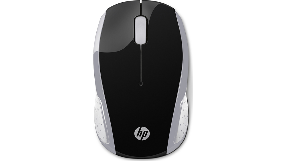Myš HP Wireless Mouse 200 pike silver na bílém pozadí zobrazující symetrický ergonomický design